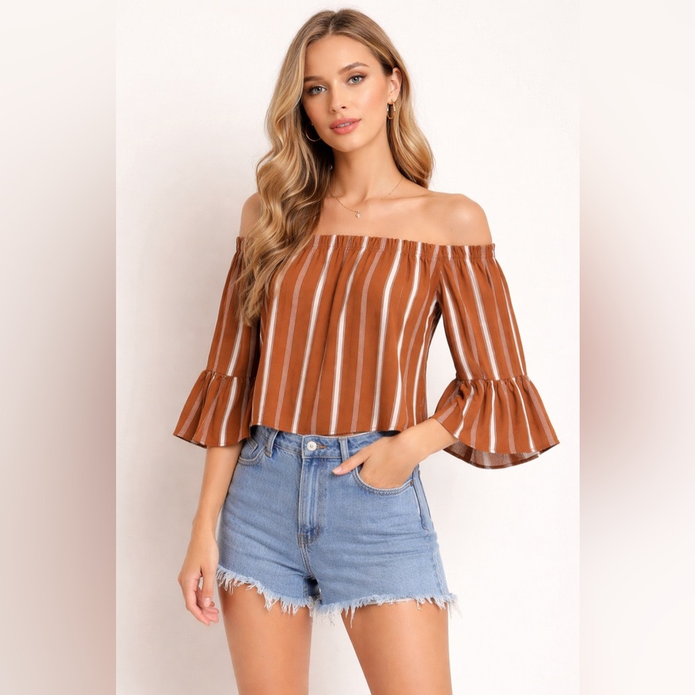 E2M Rust Stripe Off Shoulder Bell Sleeve Boho Blouse | Size M